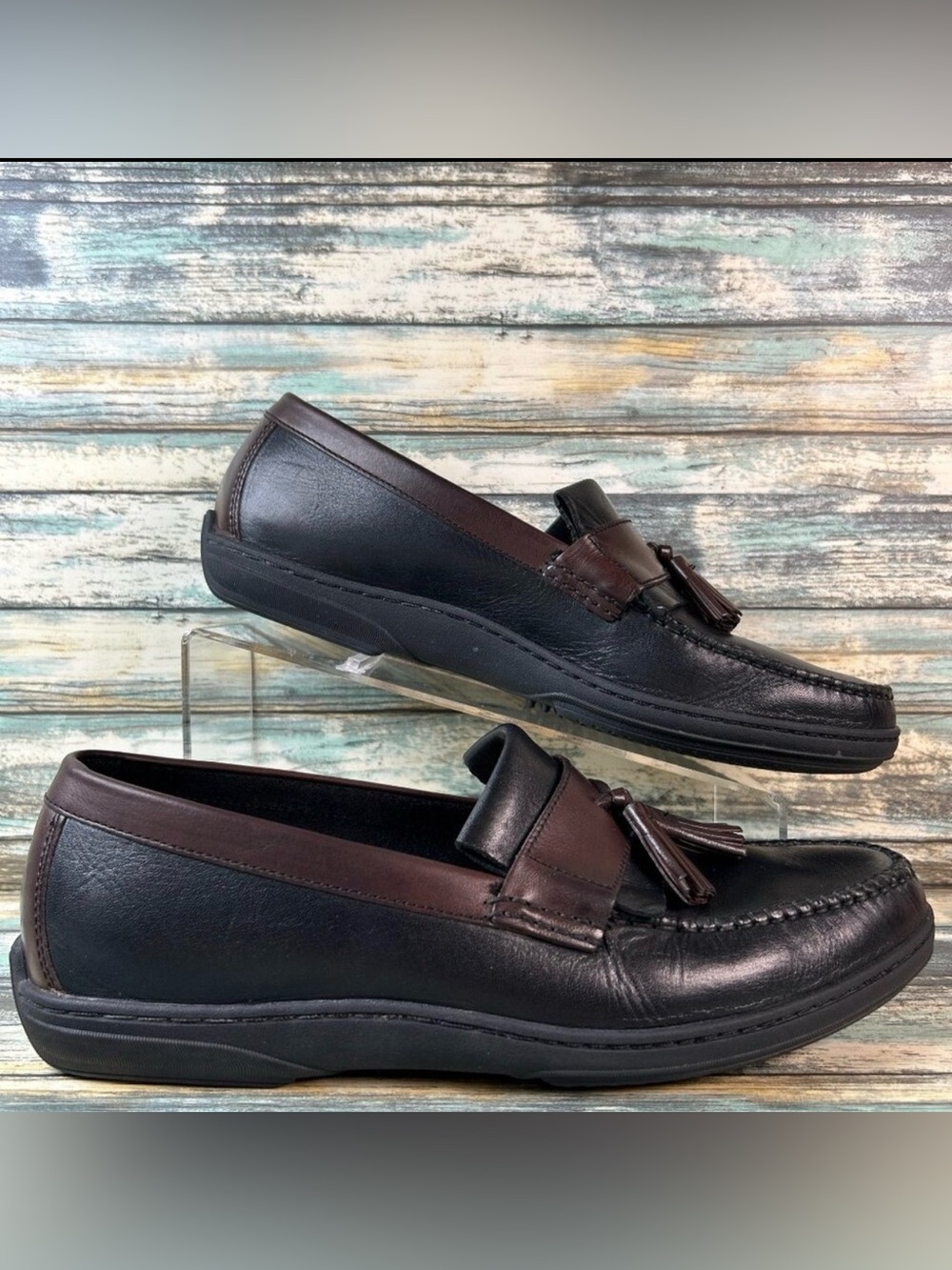 Cole Haan Tassel Loafers Shoes Mens Sz 9.5M Black Brown Leather Moc Toe Slip On.